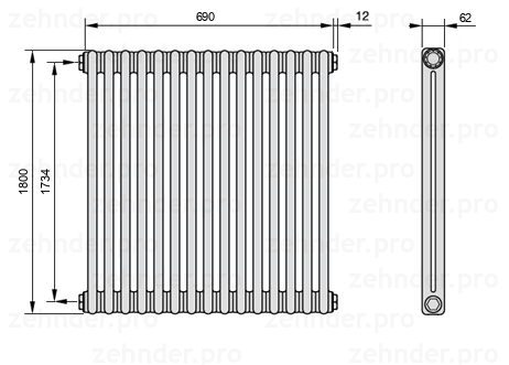 Схема (чертеж) Радиатор Zehnder Charleston 2180/15 №1270 Белый глянцевый RAL 9016